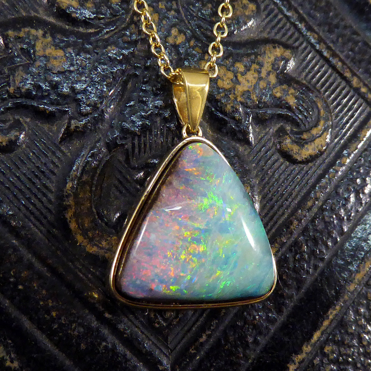 Black Opal Triangular Necklace set in 18ct Yellow Gold on Yellow Gold Trace Chain - Wharfedale Antiques
