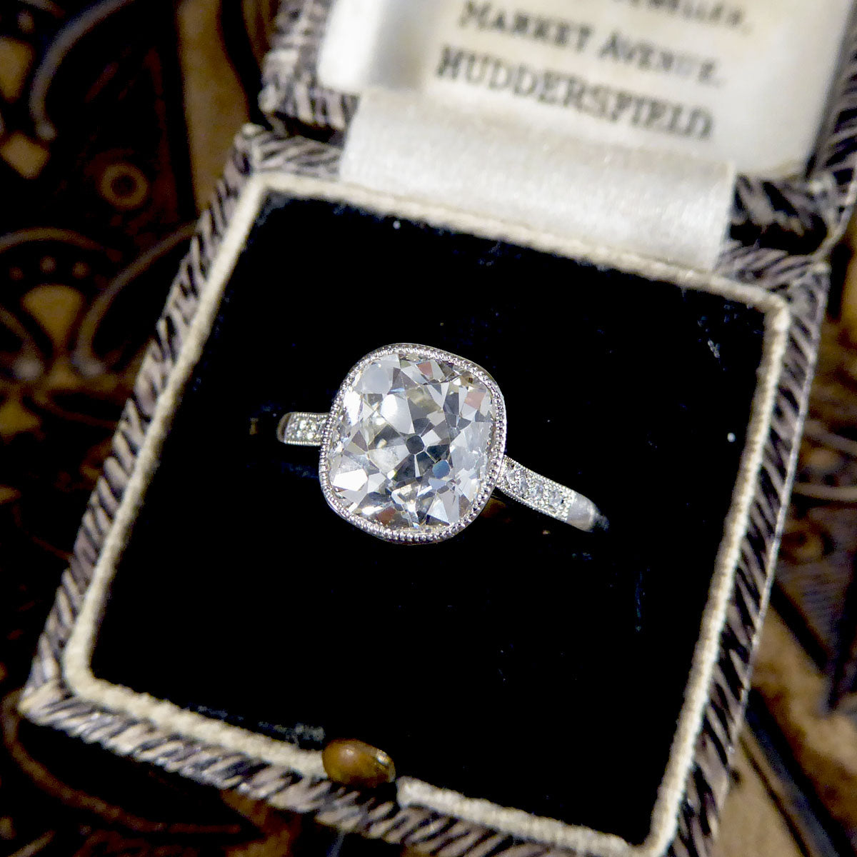 2.35ct Old Cushion Cut Diamond Collar Set Solitaire Engagement Ring with Diamond Shoulders in Platinum - Wharfedale Antiques