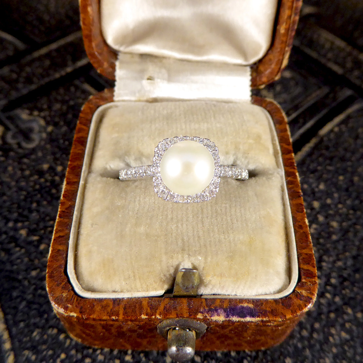 Fresh Water Culture Pearl and Diamond Square Halo Ring in White Gold - Wharfedale Antiques