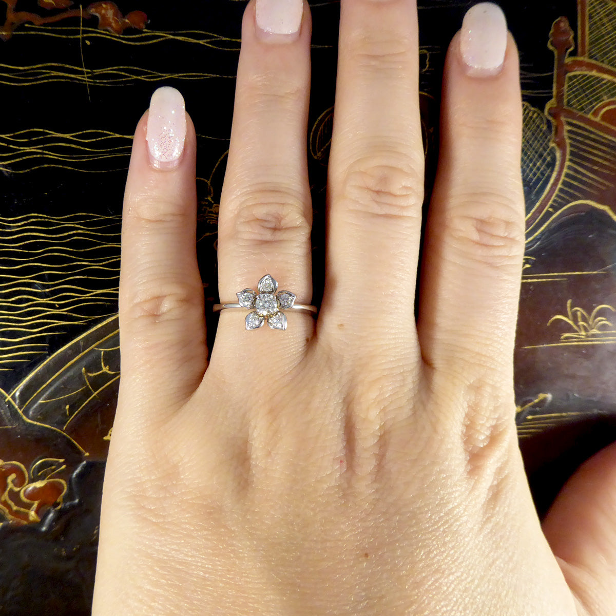 Modern Diamond Set Flower Ring in 18ct White Gold - Wharfedale Antiques