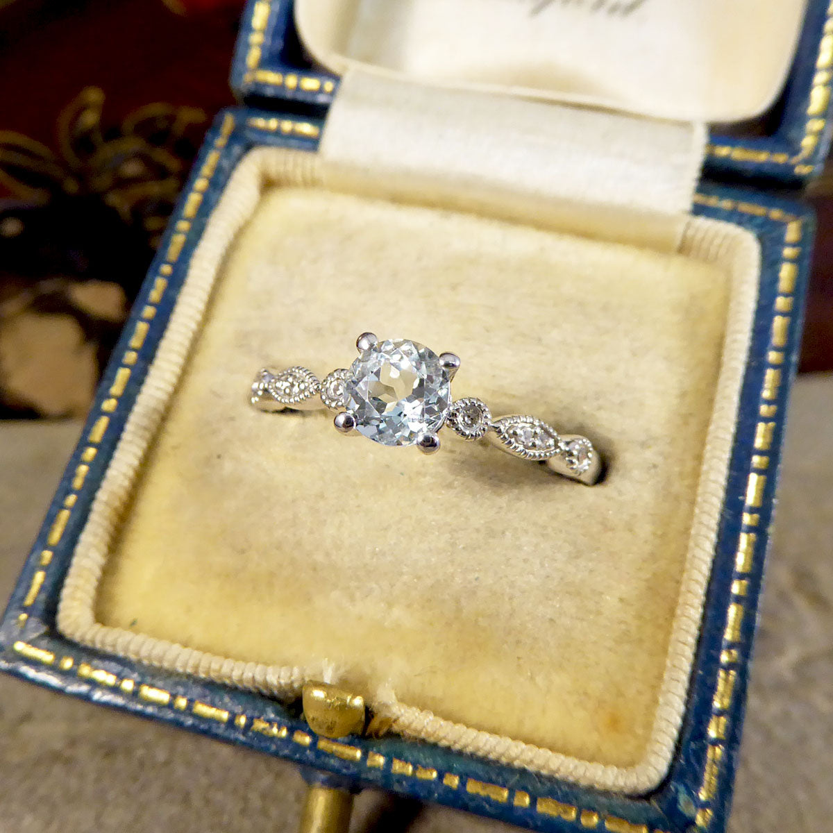 Aquamarine Solitaire Ring with Diamond Milgrain Shoulders in White Gold - Wharfedale Antiques