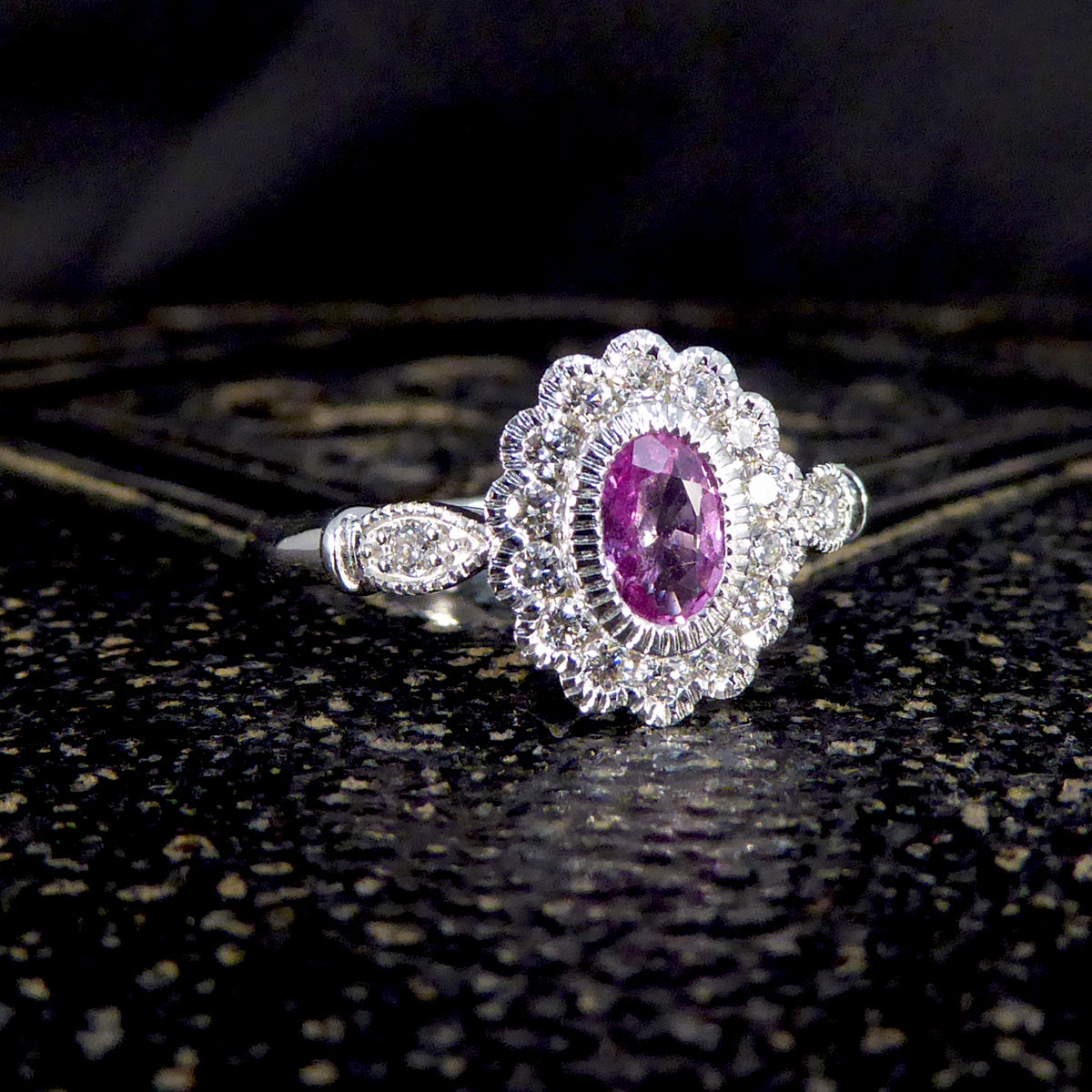 INSTAGRAM GIVEAWAY Pink Sapphire and Diamond Cluster Ring Mounted in Platinum - Wharfedale Antiques