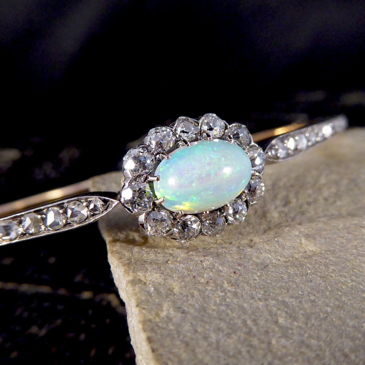 Late Victorian Opal and Diamond Cluster Bangle in 14ct Yellow Gold and Silver