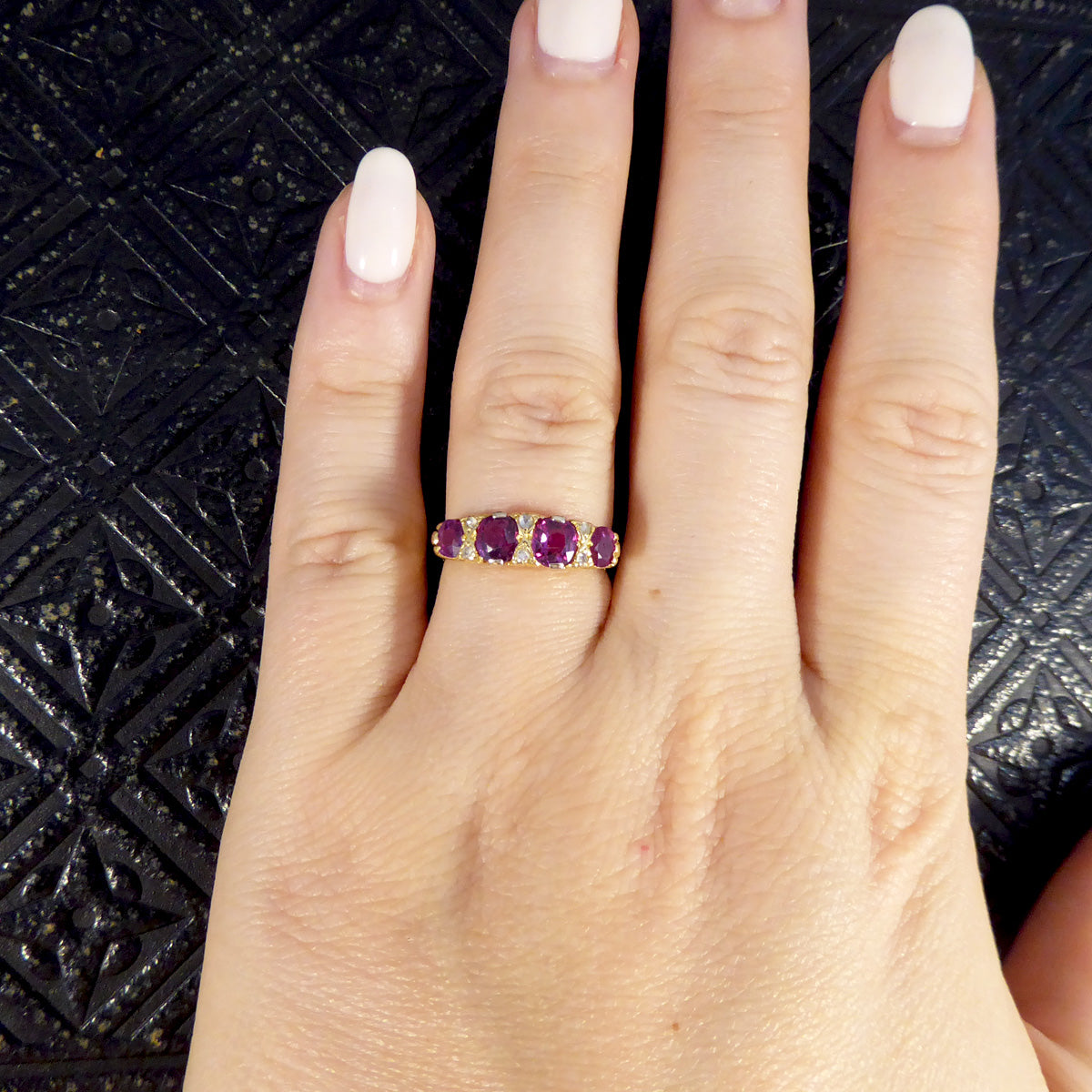 Antique Edwardian 1.18ct Ruby Four Stone Ring with Diamond Spacers Modelled in 18ct Yellow Gold - Wharfedale Antiques