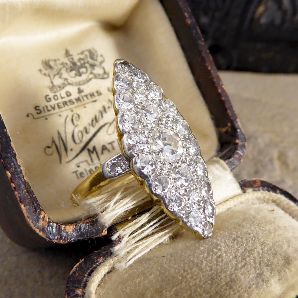 Edwardian 2.3ct Diamond Marquise Shaped Ring in 18ct Yellow Gold and Platinum - Wharfedale Antiques