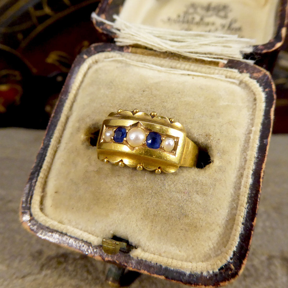 Antique Late Victorian Sapphire and Pearl Five Stone Ring in 15ct Yellow Gold - Wharfedale Antiques
