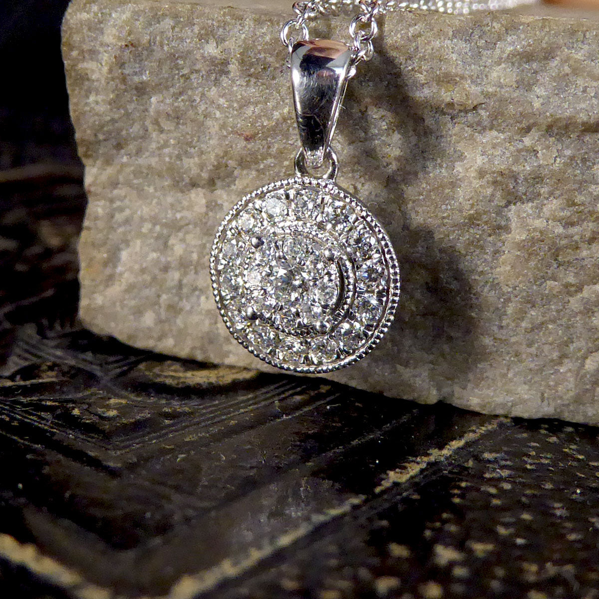 Art Deco Style Modern Diamond Cluster Pendant Necklace in 9ct White Gold - Wharfedale Antiques