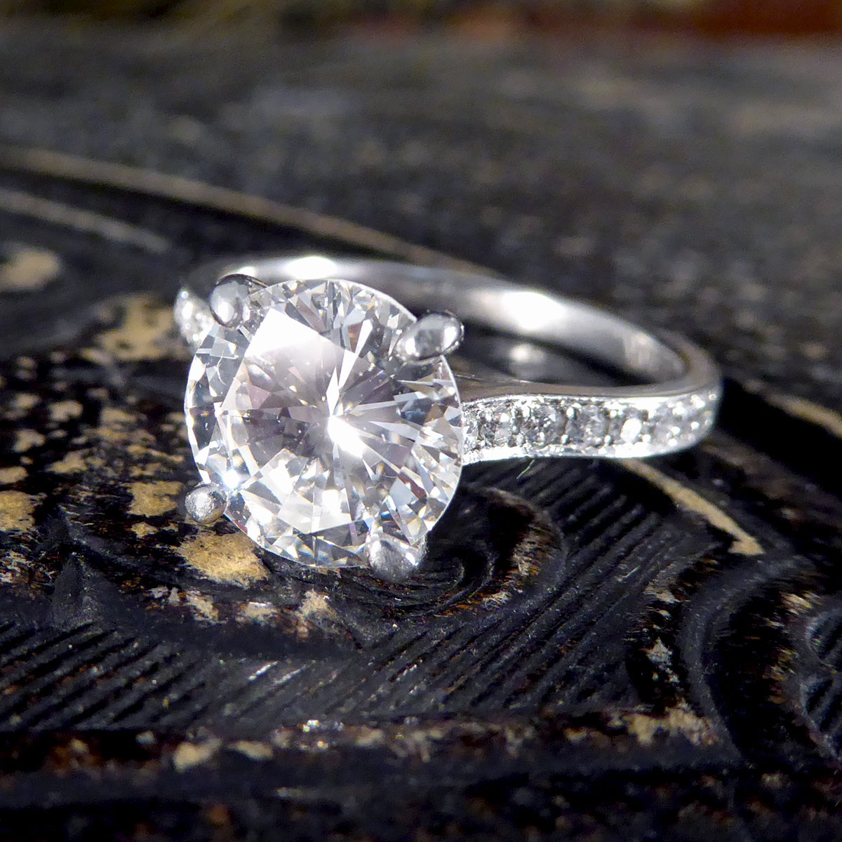 1.91ct Brilliant Cut Diamond Solitaire Engagement Ring with Diamond Shoulders in Platinum - Wharfedale Antiques