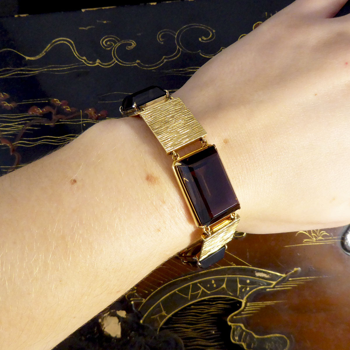 1970's Smokey Quartz Panel Bracelet in 9ct Yellow Gold with Bark Detail - Wharfedale Antiques