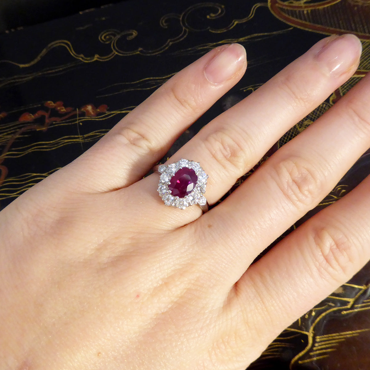 Contemporary 1.28ct Ruby and 0.95ct Diamond Cluster Ring in Platinum - Wharfedale Antiques