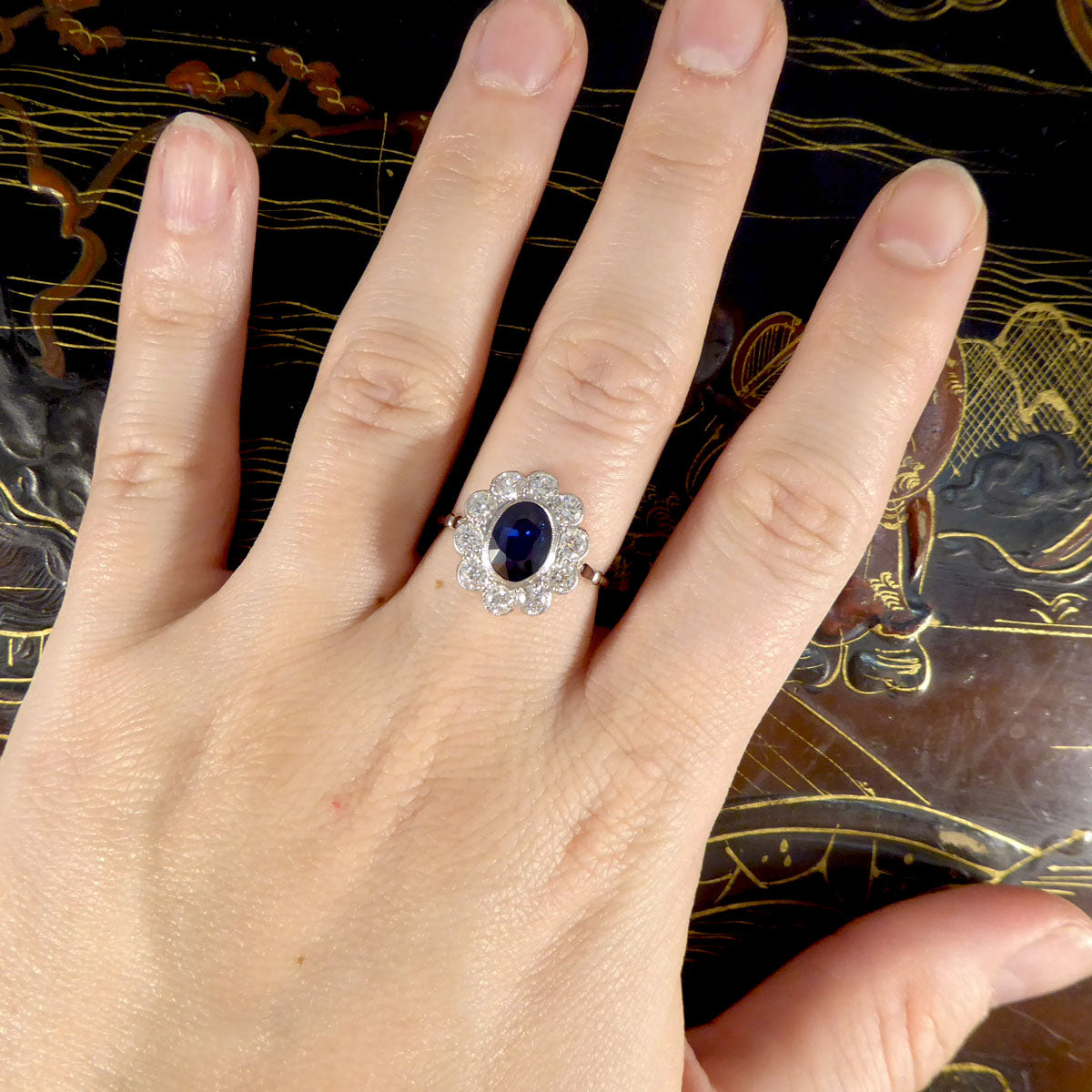 2.07ct Sapphire and 0.95ct Total Diamond Cluster Ring in Platinum - Wharfedale Antiques