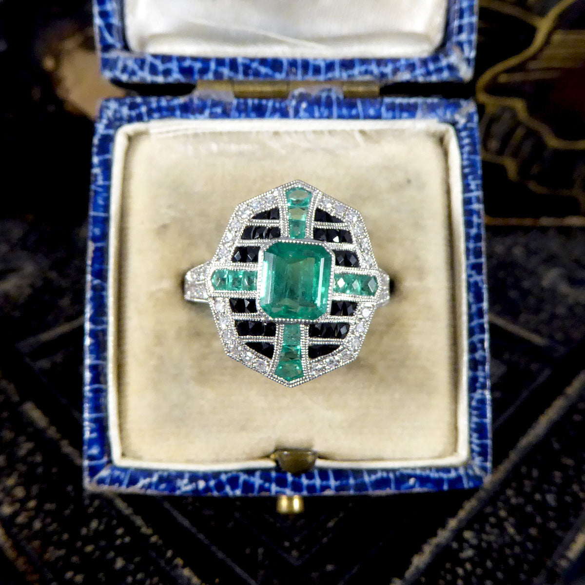 Art Deco Style Vintage Emerald Onyx and Diamond Geometric Cluster Ring in Platinum