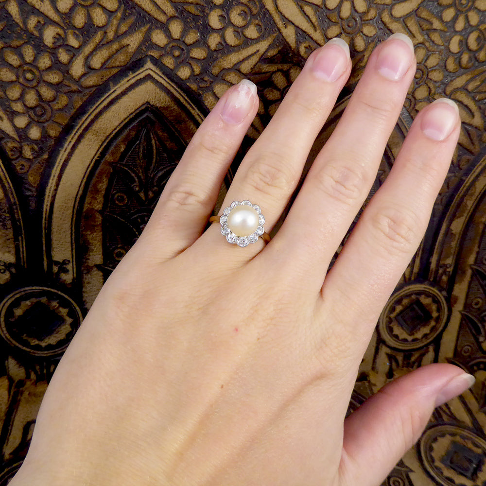 1930's Cultured Pearl and Diamond Cluster Ring in 18ct Gold - Wharfedale Antiques