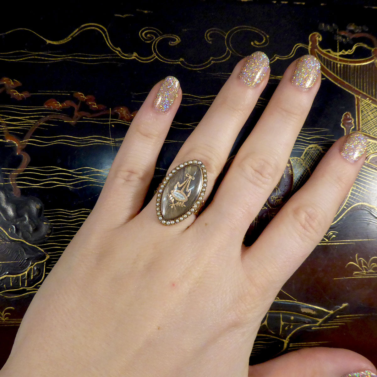 Antique Georgian Amitie Marquise Shaped Seed Pearl Memorial Ring with Platted Hair in Gold - Wharfedale Antiques