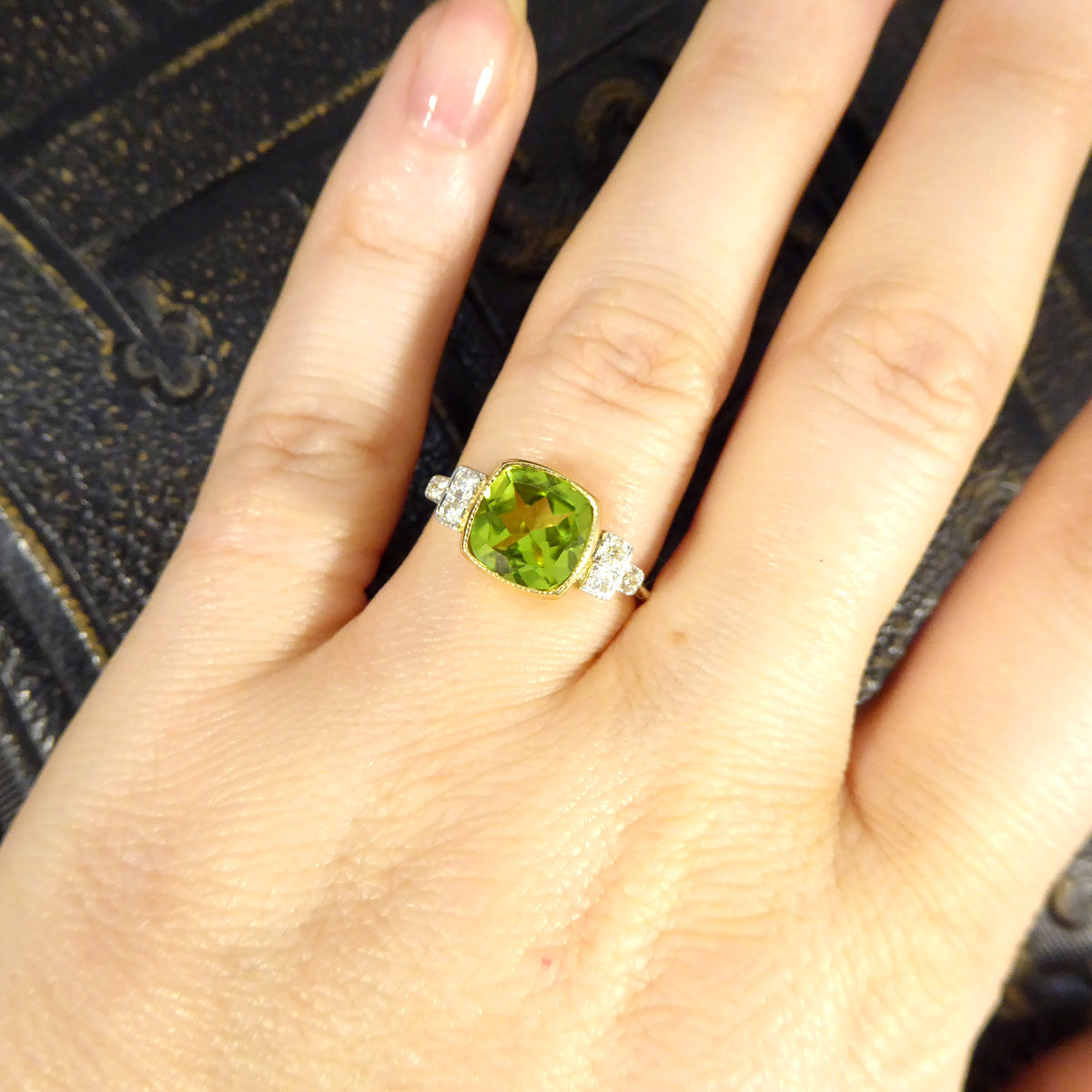 Edwardian Style Collar Set 2.12ct Peridot and Diamond Ring in 18ct White and Yellow Gold - Wharfedale Antiques