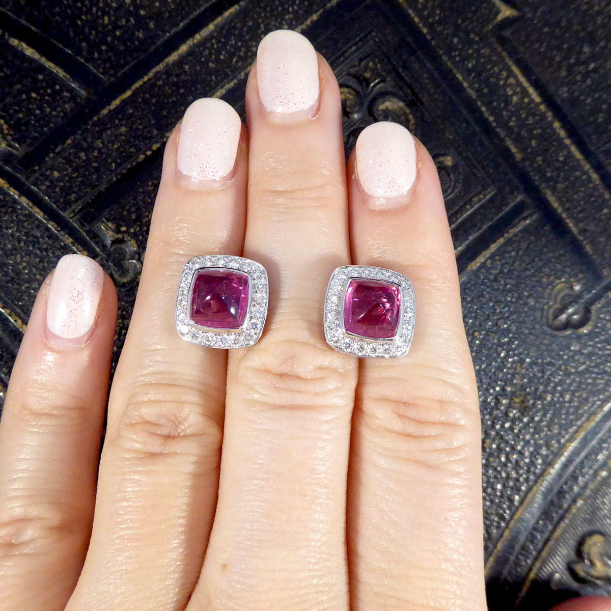 5.78ct Sugarloaf Cut Pink Tourmaline and Diamond Halo Cluster Stud Earrings in 18ct White Gold - Wharfedale Antiques