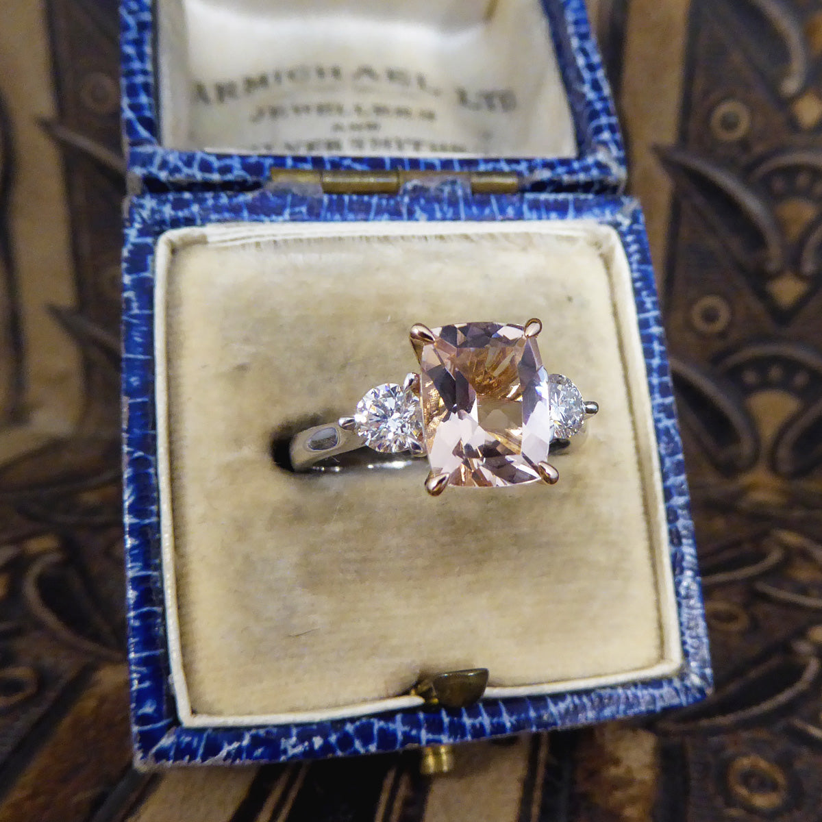 1.75ct Cushion Cut Pink Morganite and Diamond Three Stone Ring in 18ct Rose and White Gold - Wharfedale Antiques
