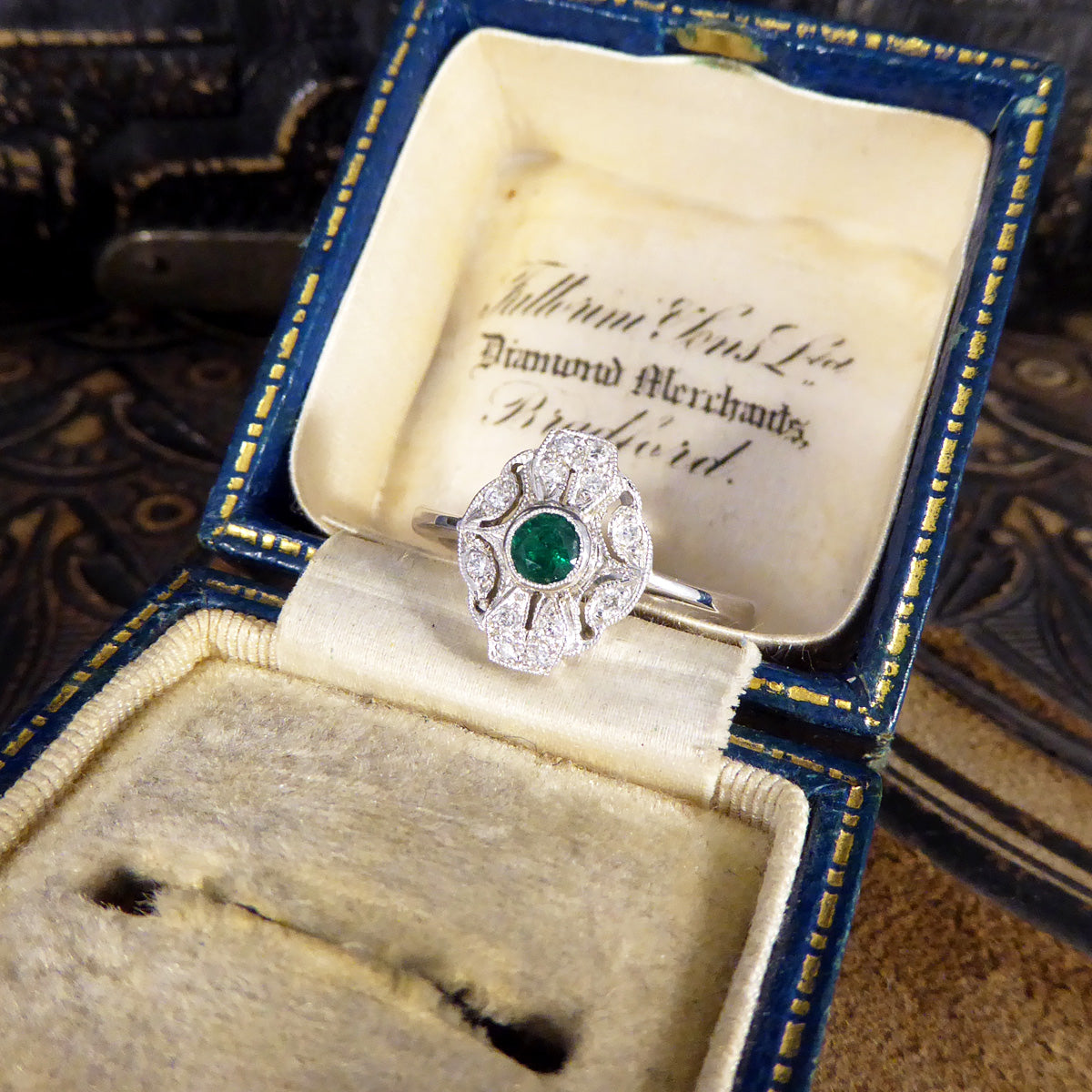 Premium Period Art Deco Replica Emerald and Diamond Plaque Ring in 18ct White Gold - Wharfedale Antiques