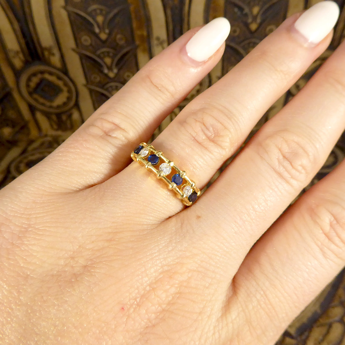 Unusual Sapphire and Diamond Spacer Ring in 18ct Yellow Gold