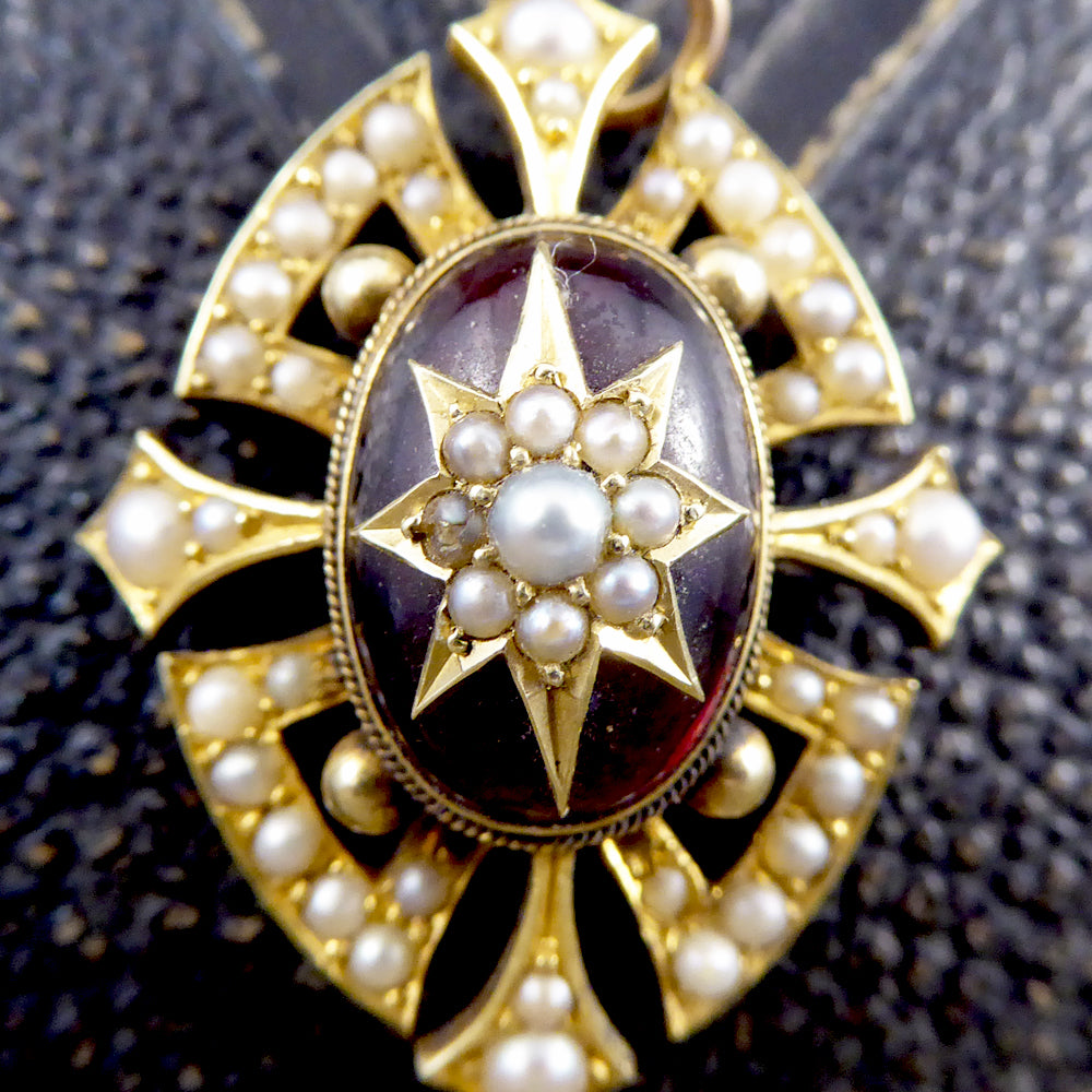 Victorian Cabochon Garnet and Seed Pearl Pendant in 15ct Yellow Gold - Wharfedale Antiques