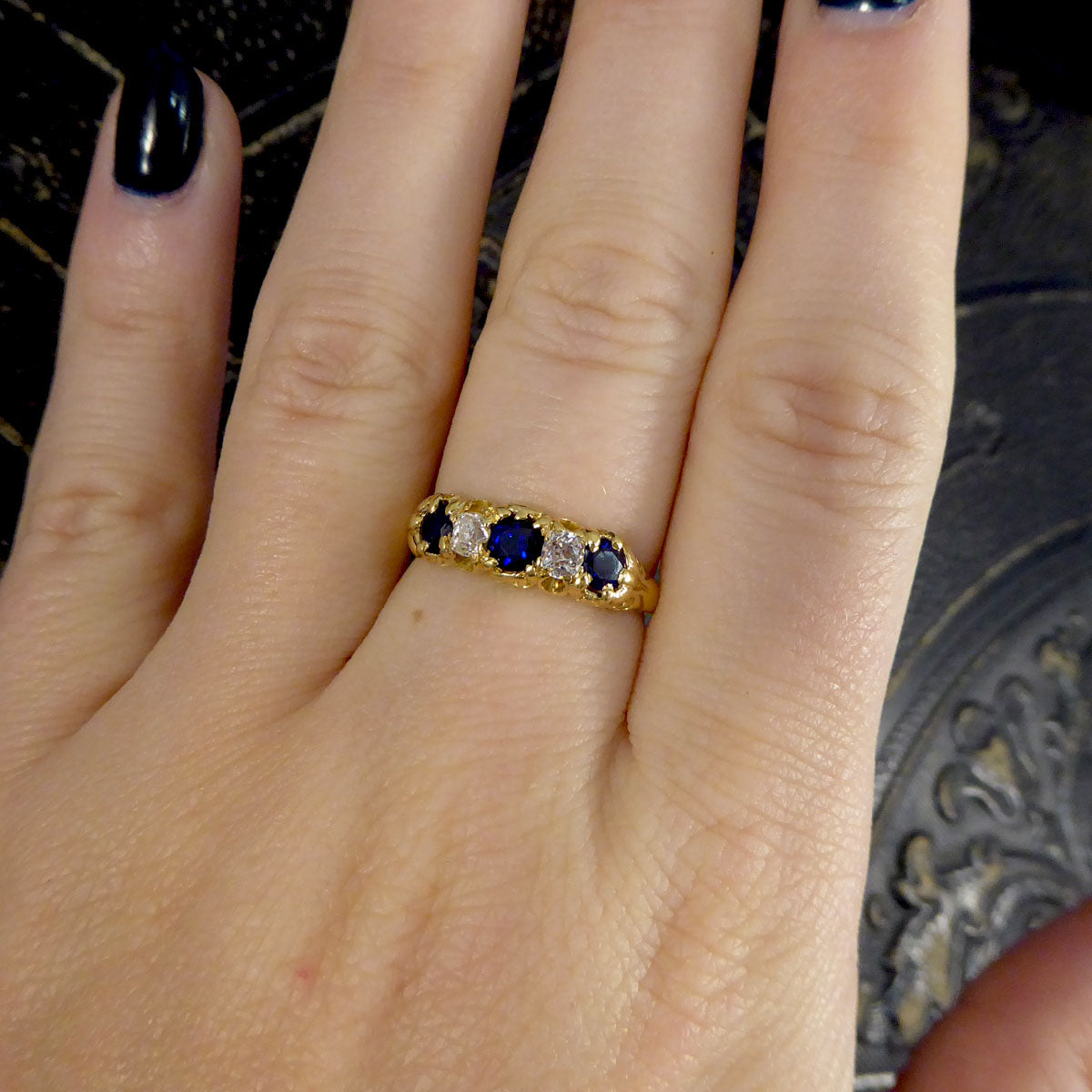 Antique Late Victorian Sapphire and Diamond Five Stone Ring in 18ct Yellow Gold - Wharfedale Antiques