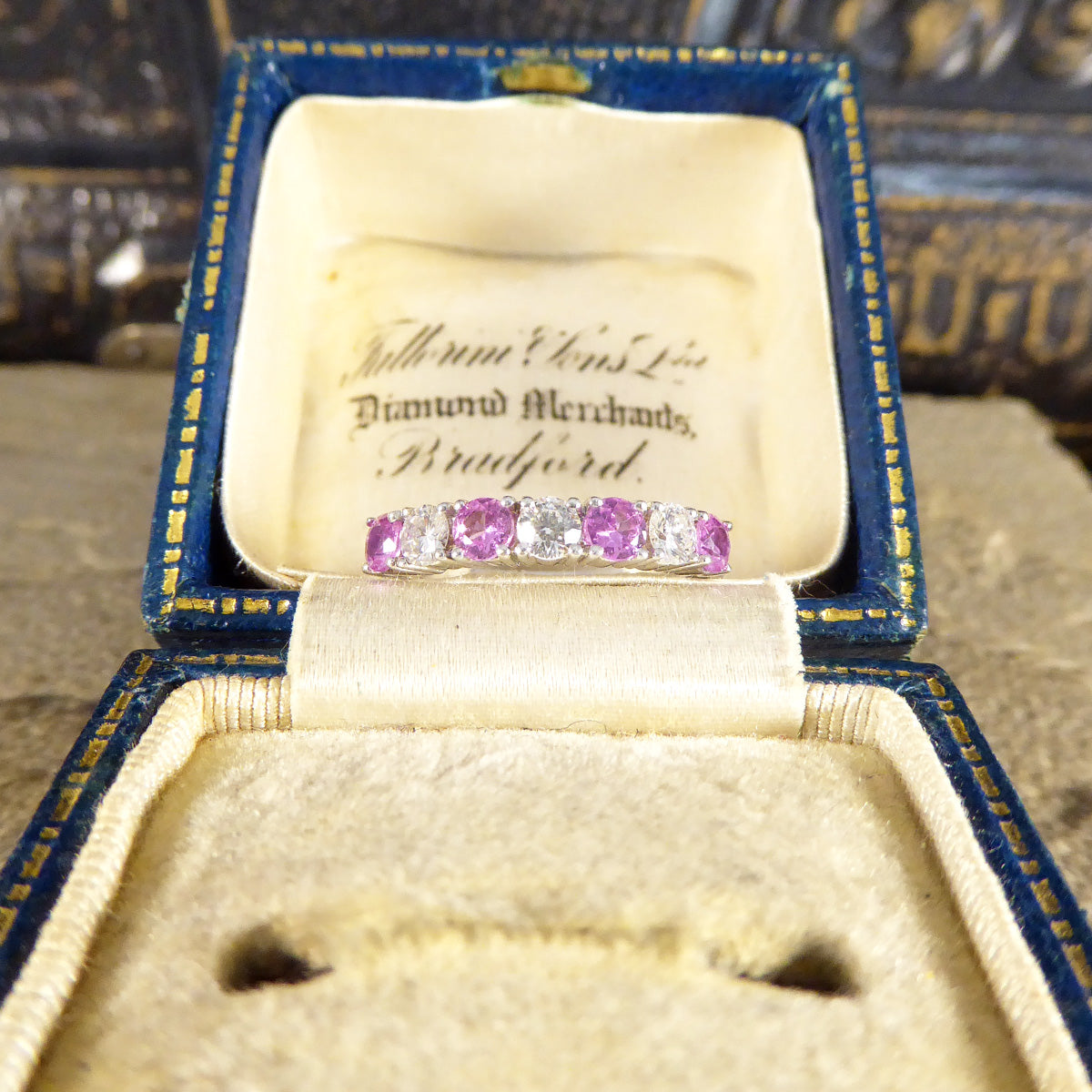 Pink Sapphire and Diamond Half Eternity Ring in 18ct White Gold - Wharfedale Antiques