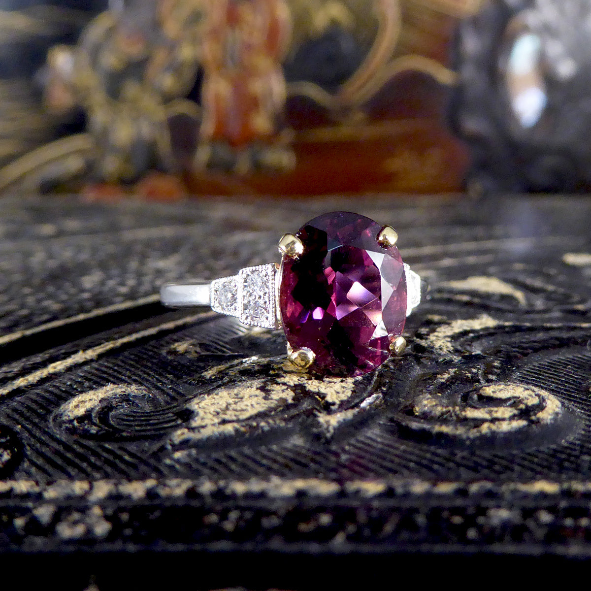 Premium Period Deco Replica 2.77ct Raspberry Red Tourmaline and Diamond Ring in 18ct White and Yellow Gold - Wharfedale Antiques