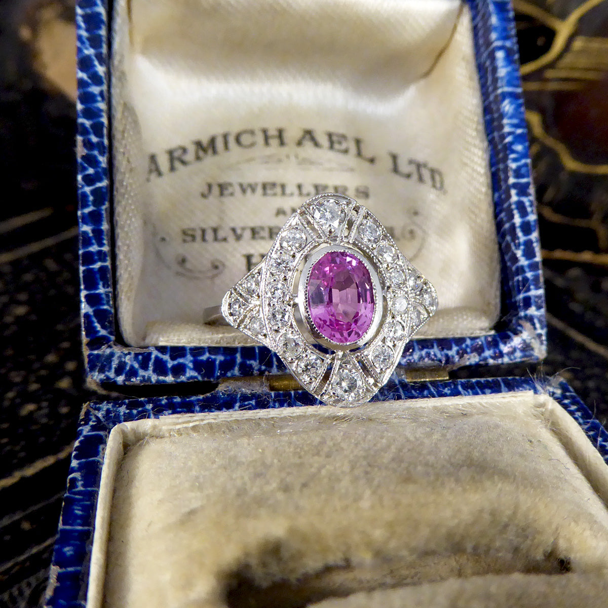 Art Deco Style Pink Sapphire and Diamond Navette Shaped Plaque Ring in Platinum - Wharfedale Antiques