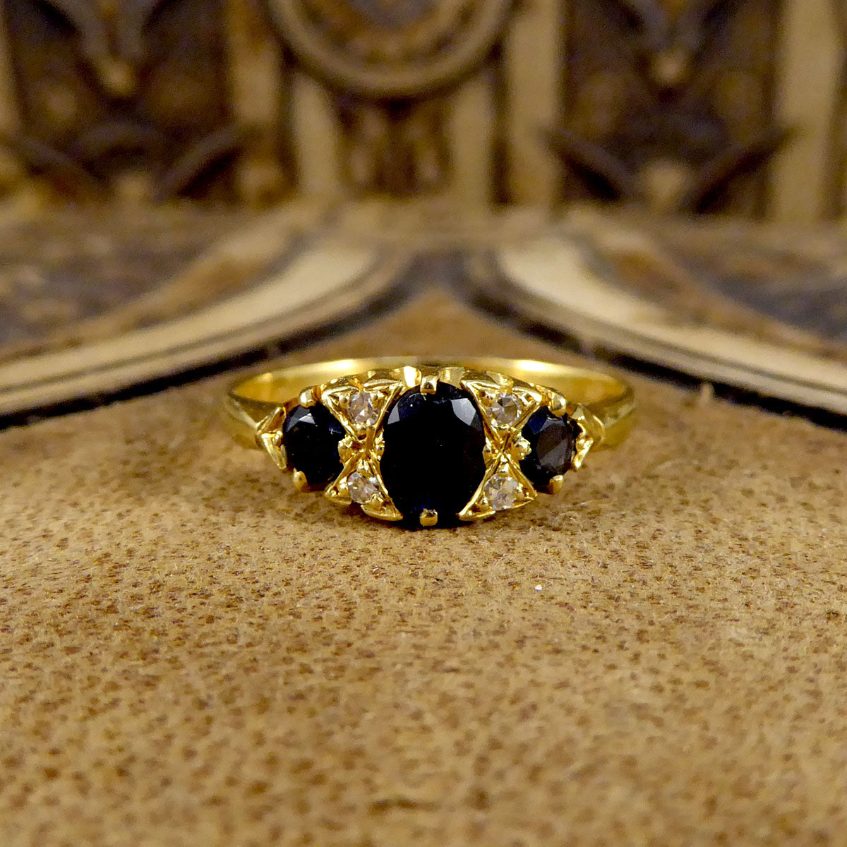 Antique Sapphire and Diamond Boat Ring in 18ct Yellow Gold - Wharfedale Antiques