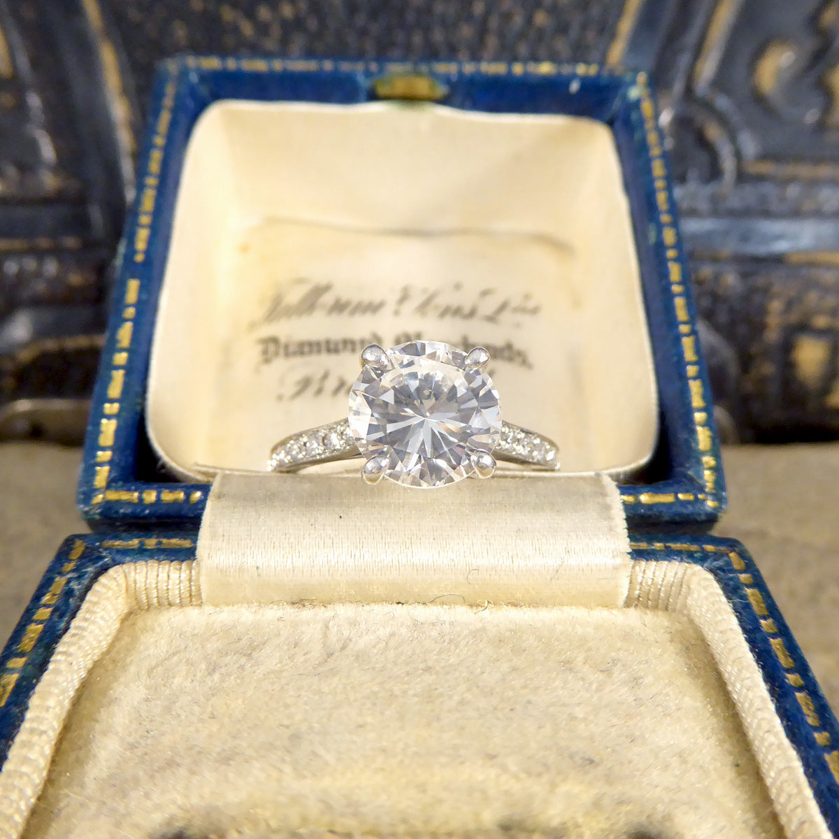 1.91ct Brilliant Cut Diamond Solitaire Engagement Ring with Diamond Shoulders in Platinum - Wharfedale Antiques