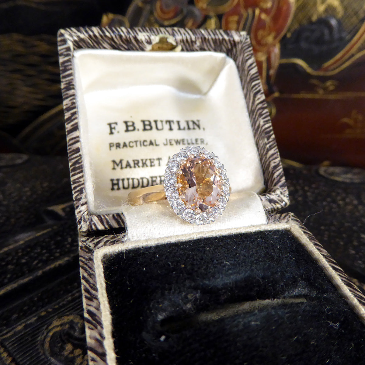 1.82ct Pink Morganite and Diamond Cluster Ring in 18ct White and Rose Gold - Wharfedale Antiques