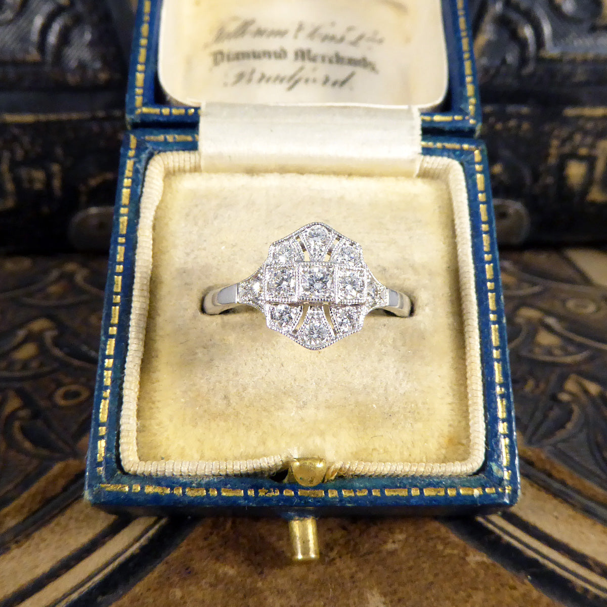 Quality Art Deco Replica Diamond Plaque Ring in 18ct White Gold - Wharfedale Antiques