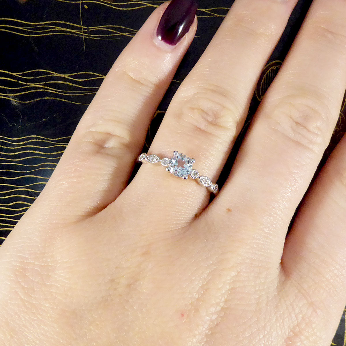 Aquamarine Solitaire Ring with Diamond Milgrain Shoulders in White Gold - Wharfedale Antiques
