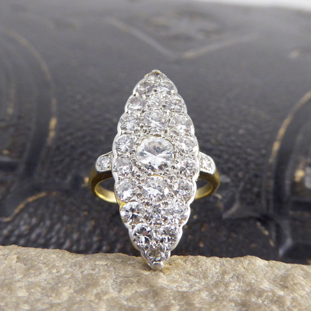 Edwardian 2.3ct Diamond Marquise Shaped Ring in 18ct Yellow Gold and Platinum - Wharfedale Antiques