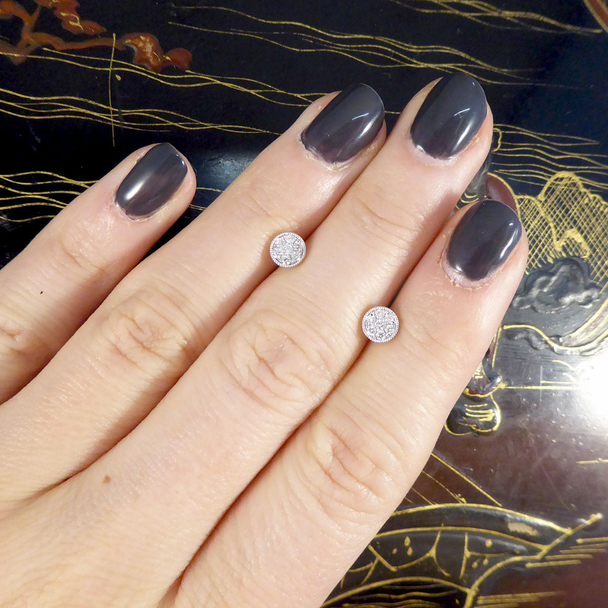 Diamond Cluster Stud Earrings in 9ct White Gold Milgrain Circular Setting - Wharfedale Antiques