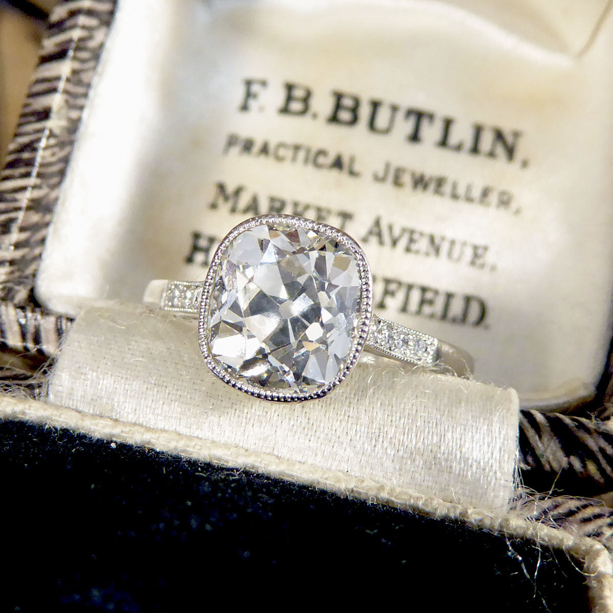 2.35ct Old Cushion Cut Diamond Collar Set Solitaire Engagement Ring with Diamond Shoulders in Platinum - Wharfedale Antiques