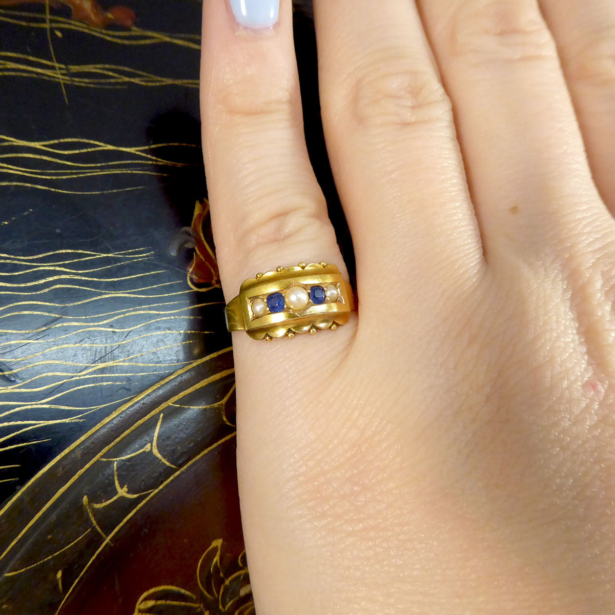 Antique Late Victorian Sapphire and Pearl Five Stone Ring in 15ct Yellow Gold - Wharfedale Antiques