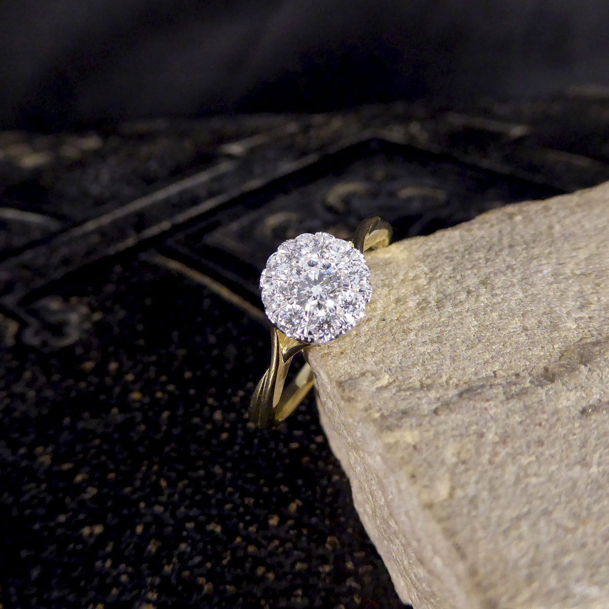 Contemporary 0.50ct Diamond Cluster and 1.75ct Solitaire Look Ring in Yellow Gold - Wharfedale Antiques