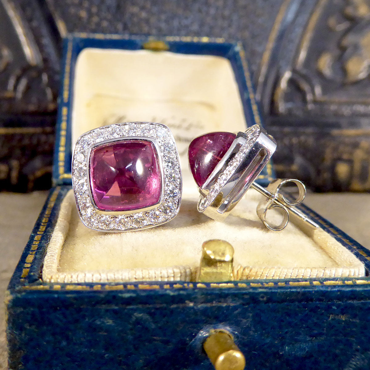 5.78ct Sugarloaf Cut Pink Tourmaline and Diamond Halo Cluster Stud Earrings in 18ct White Gold - Wharfedale Antiques