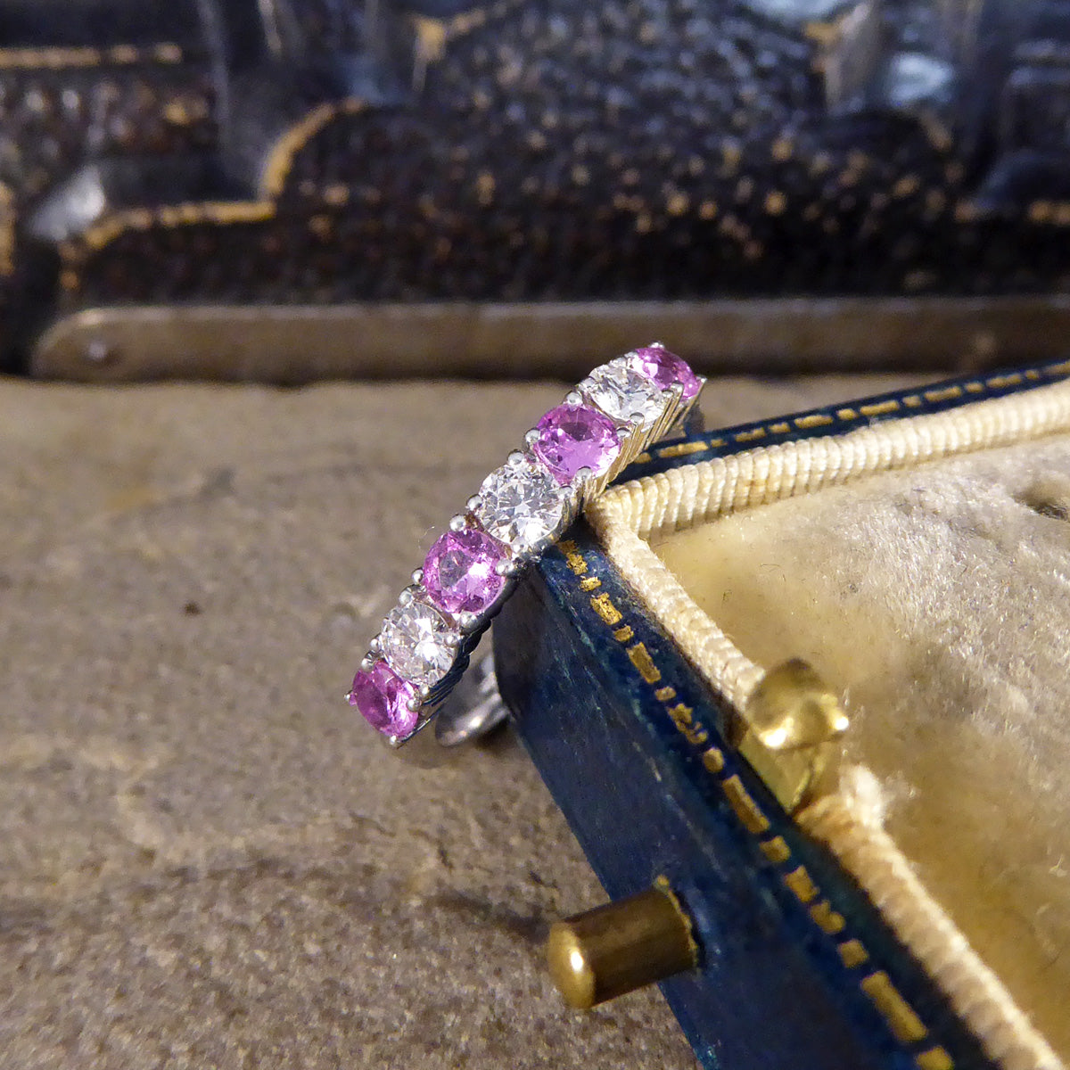 Pink Sapphire and Diamond Half Eternity Ring in 18ct White Gold - Wharfedale Antiques