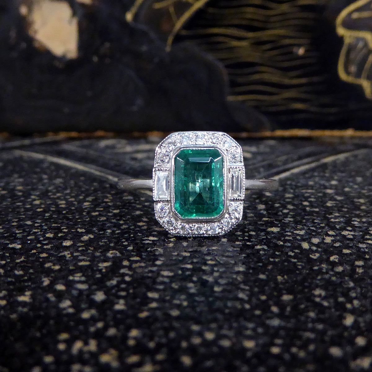 Art Deco Inspired 0.90ct Emerald and Diamond Cluster Ring in Platinum - Wharfedale Antiques