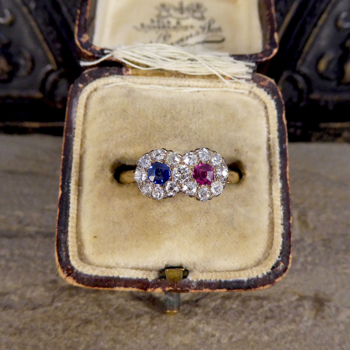 Edwardian Double Sapphire and Ruby Diamond Daisy Cluster Ring in 18ct Yellow Gold - Wharfedale Antiques
