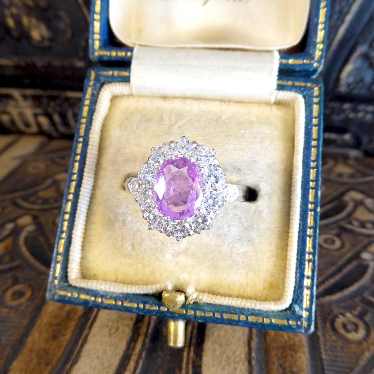 Contemporary Edwardian Style 1.15ct Pink Sapphire and Diamond Cluster Ring in Platinum - Wharfedale Antiques