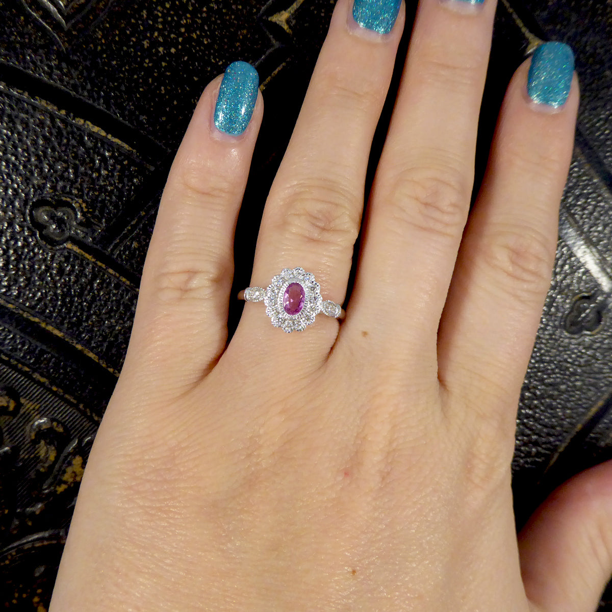 INSTAGRAM GIVEAWAY Pink Sapphire and Diamond Cluster Ring Mounted in Platinum - Wharfedale Antiques