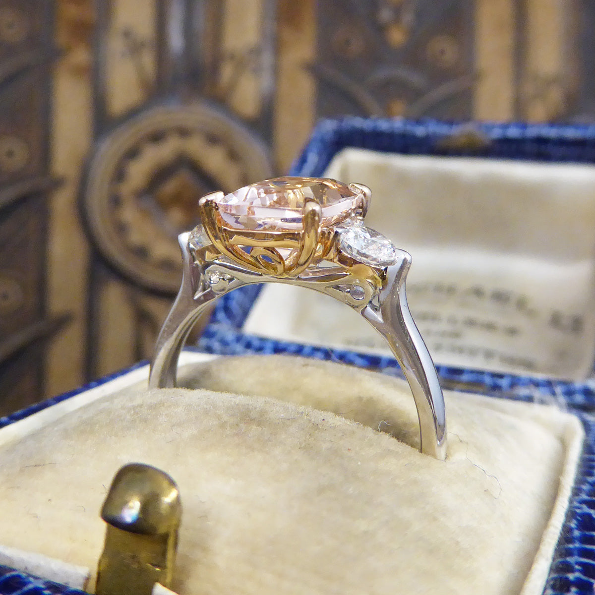 1.75ct Cushion Cut Pink Morganite and Diamond Three Stone Ring in 18ct Rose and White Gold - Wharfedale Antiques