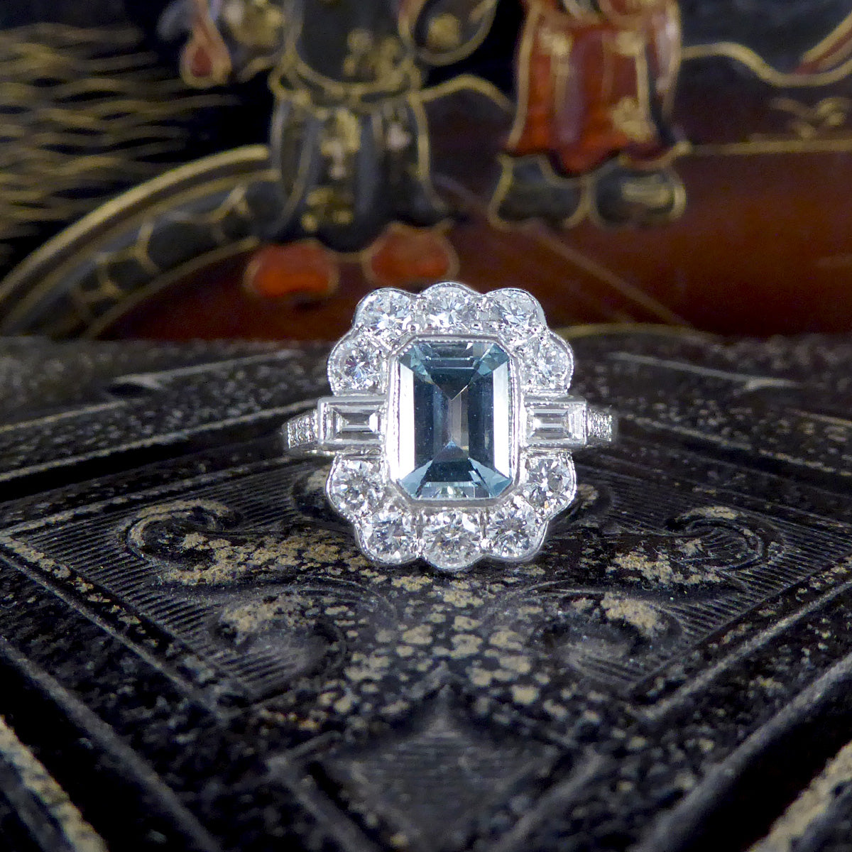 Contemporary Edwardian Style 1.30ct Aquamarine and Diamond Ring in Platinum - Wharfedale Antiques