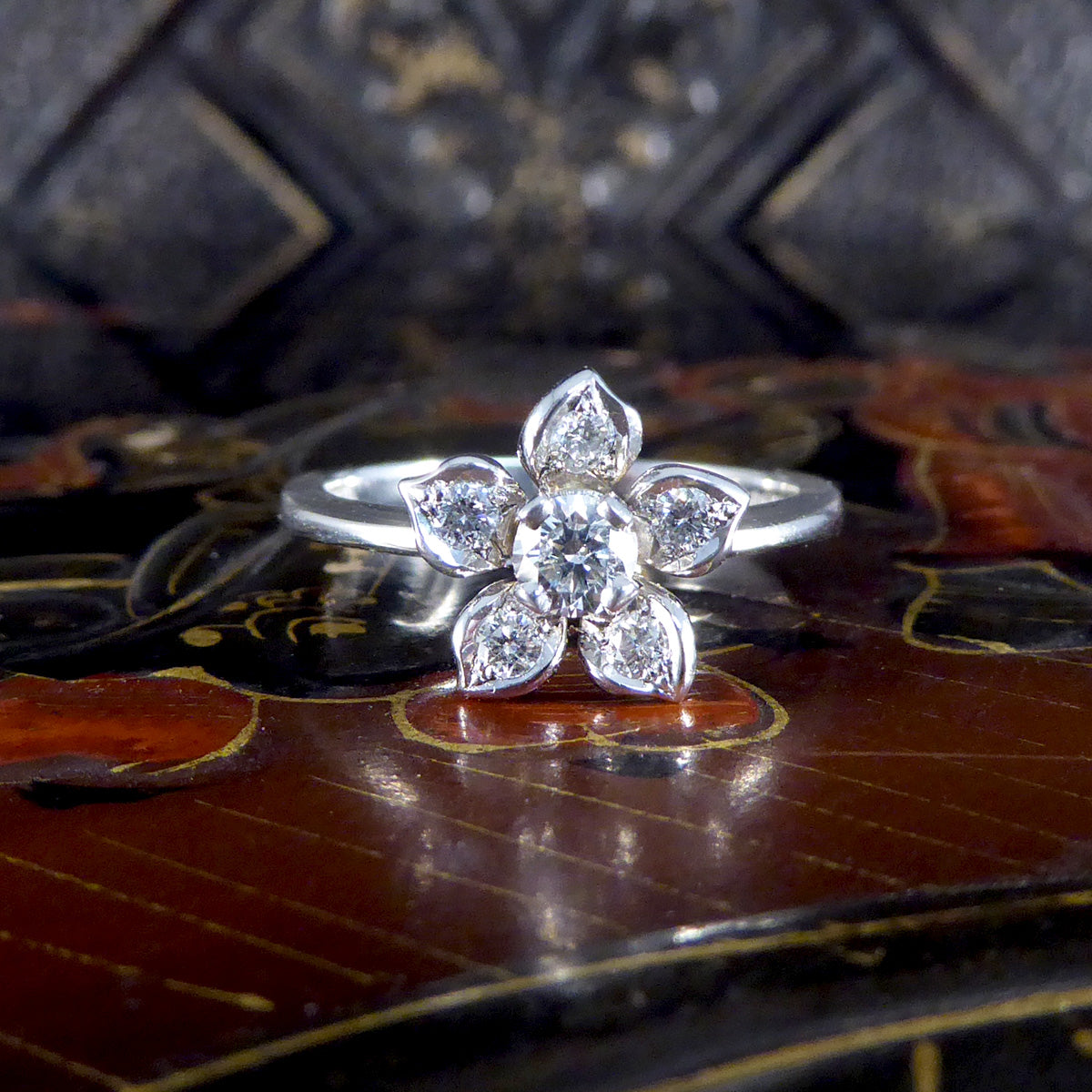 Modern Diamond Set Flower Ring in 18ct White Gold - Wharfedale Antiques