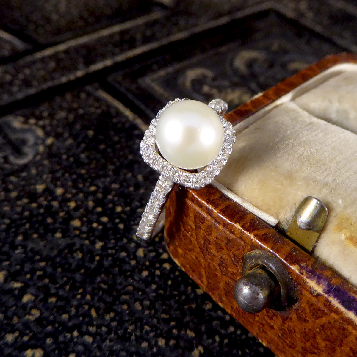 Fresh Water Culture Pearl and Diamond Square Halo Ring in White Gold - Wharfedale Antiques