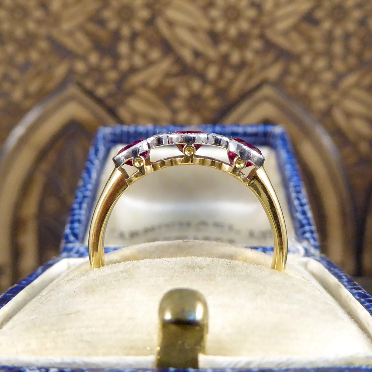 Quality Burma Ruby Three Stone Ring with Diamond Spacers in 18ct Yellow and White Gold - Wharfedale Antiques