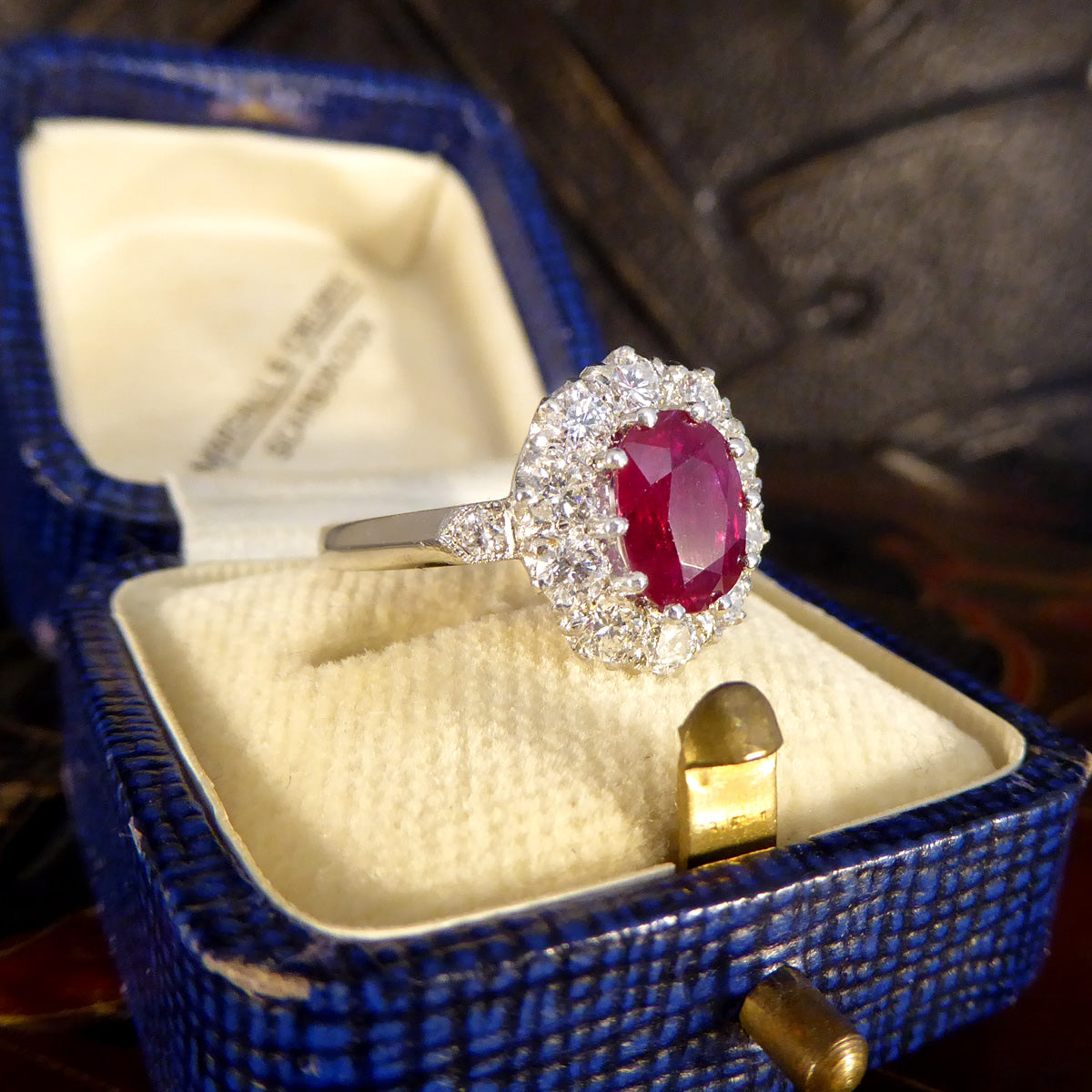 Contemporary 1.28ct Ruby and 0.95ct Diamond Cluster Ring in Platinum - Wharfedale Antiques